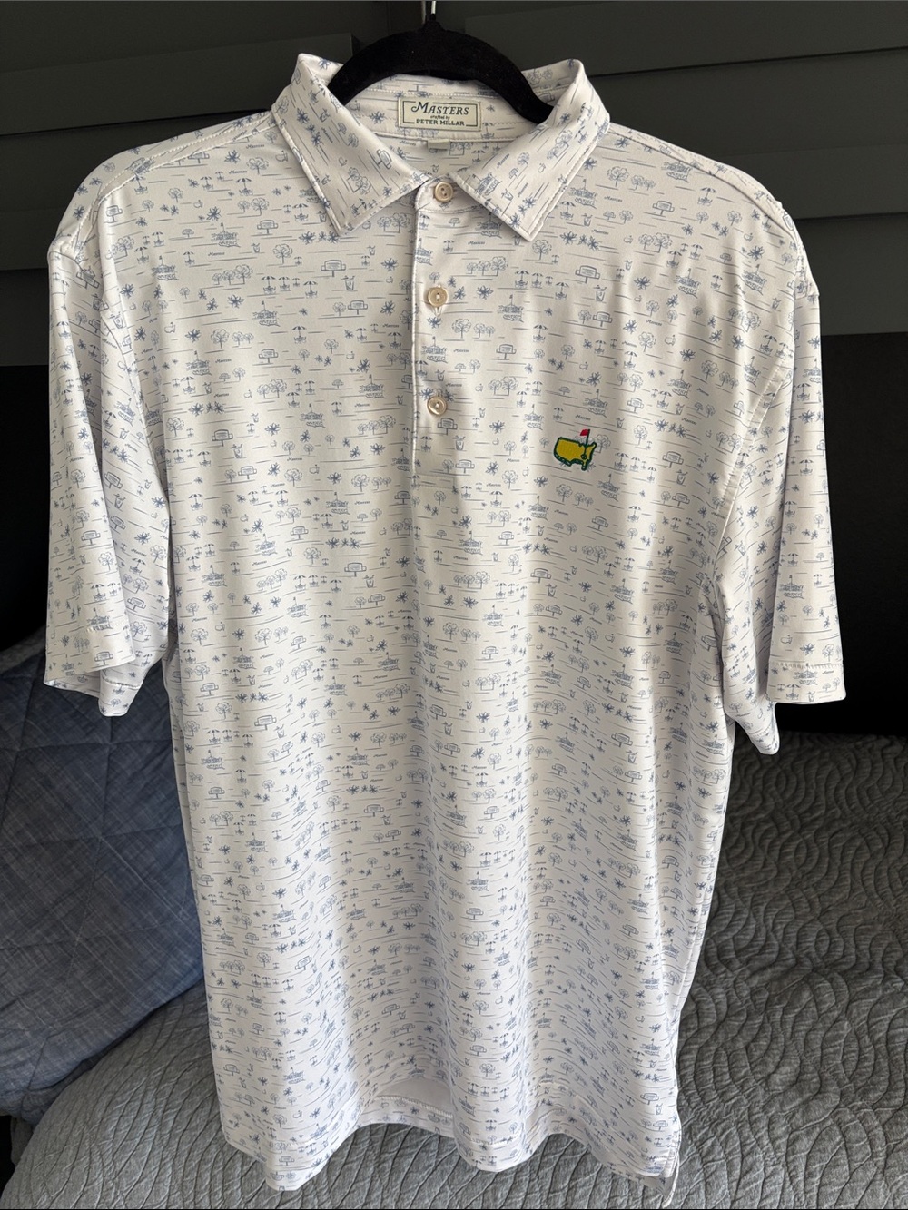 Masters White Polo with Blue Micro-Print and Green/Yellow Augusta Logo